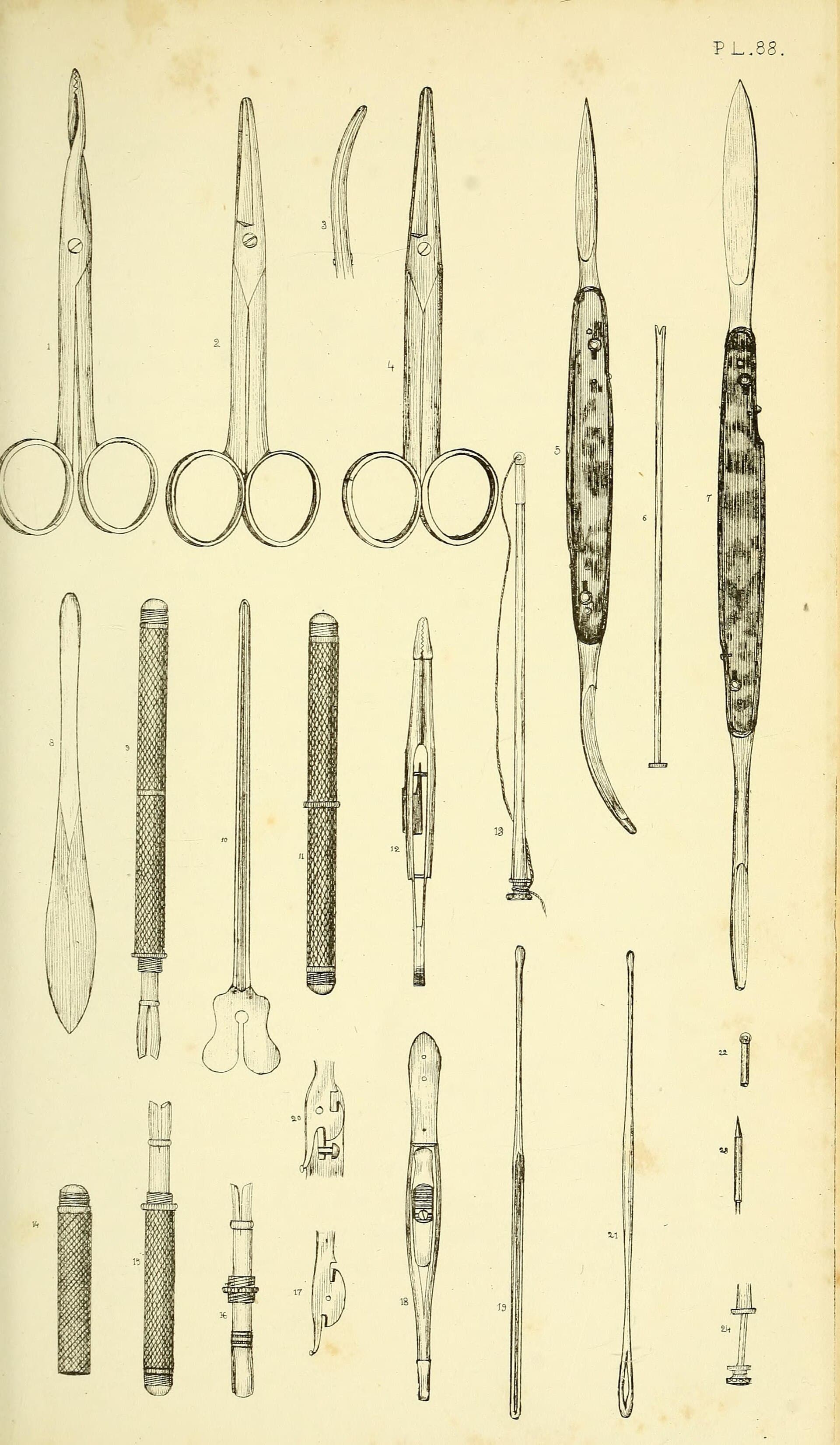 Lámina de 1852 con instrumental quirúrgico: tijeras, bisturíes y trocares